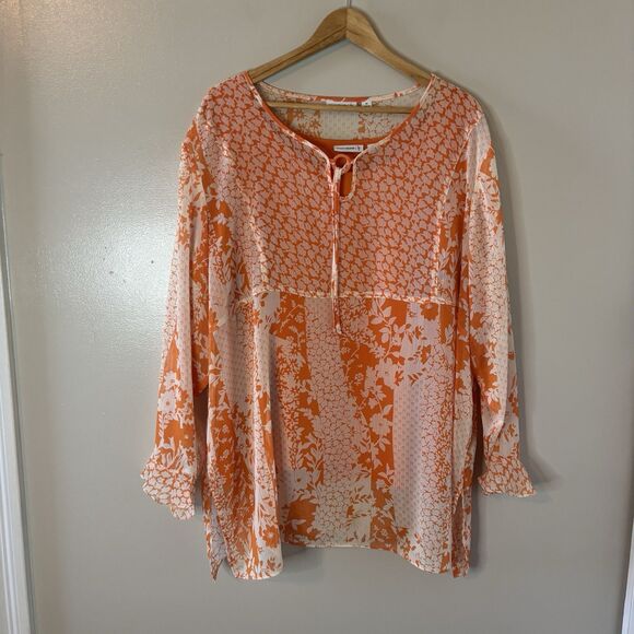 Susan Graver Blouse Tank Set Orange Floral Semi Sheer Top Mature Sz 3X - Picture 1 of 9